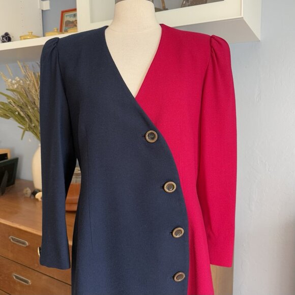 Vintage 80’s Lilli Ann Sheath Dress Button Front Wool Colorblock L Navy Pink - Picture 3 of 13